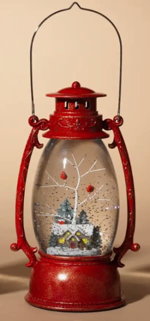 Classic Red Lantern - 9" Lighted Spinning Snow Globes Flower Bouquet