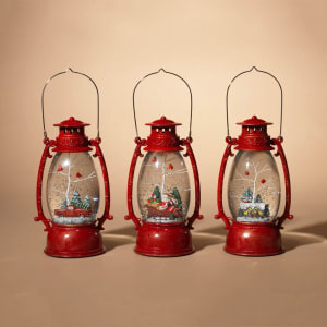 Classic Red Lantern - 9" Lighted Spinning Snow Globes Flower Bouquet
