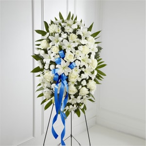 Exquisite Tribute Standing Spray-Blue Ribbon Flower Bouquet