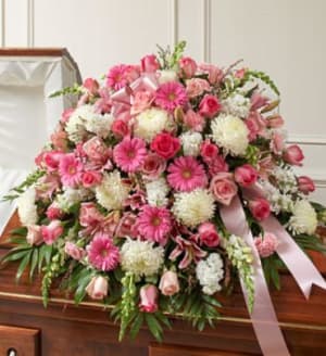 Pink and White Mixed Half Casket Cover Flower Bouquet