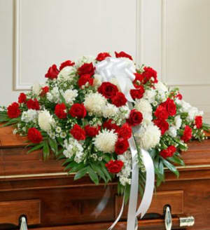 Red and White Half Casket Cover Flower Bouquet