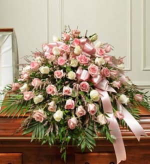 Pink And White Half Casket Cover Flower Bouquet