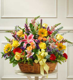 Bright Flower Sympathy Arrangement in Basket Flower Bouquet