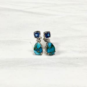 Blue Turquoise & Topaz Sterling Silver Earrings   Flower Bouquet