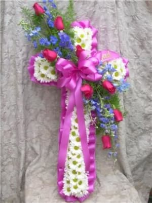 Traditional Cross with lavender Flower Bouquet