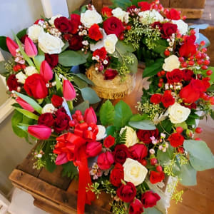 Red & White Heart with Rose & Tulip Flower Bouquet