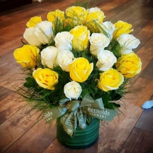 Two-dozen (24) Yellow & White Roses, Vased and Dressed Flower Bouquet