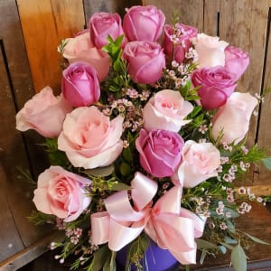 Dozen and a Half, 18, Pink and Lavender Roses Arranged Flower Bouquet