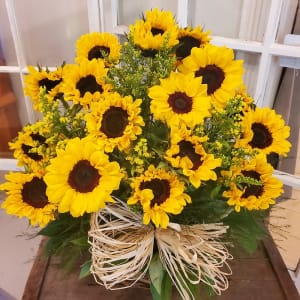 16 Sunflowers in a Basket with Summer Filler Flower Bouquet
