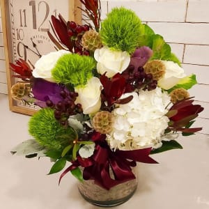 Burgundy Birch with Green Flower Bouquet