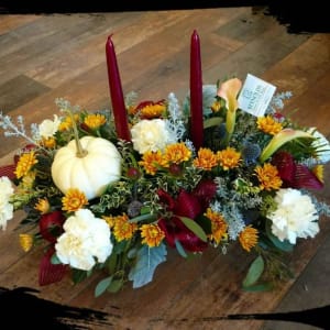 Burgundy & Ivory Thanksgiving Centerpiece with Candles Flower Bouquet