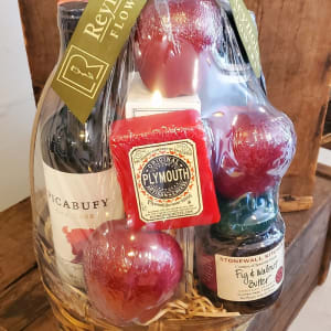 Harvest Wine Basket with Treats Flower Bouquet