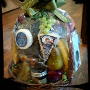 Cheese Fruit and Wine Grapevine Basket Flower Bouquet