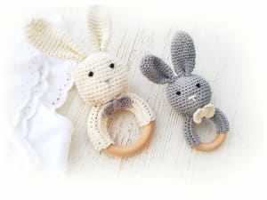 Crochet Bunny Rattle & Marcus 3 Ring Rattle MAMA & BABY BUNNY Flower Bouquet