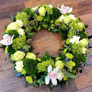 Compact Spring Greens Wreath Urn Surround Flower Bouquet