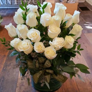 Two-dozen (24) White Roses, Vased and Dressed Flower Bouquet