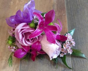 Wrist Corsage in Purple & Green Flower Bouquet