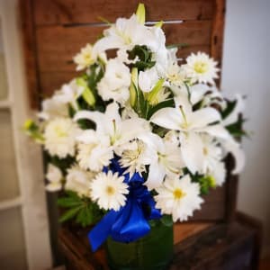 Happy Hanukkah Vase with Blue Flower Bouquet