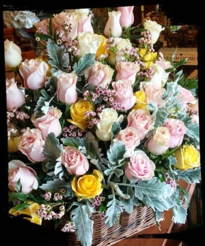 Four-dozen Pastel Rose Basket Flower Bouquet