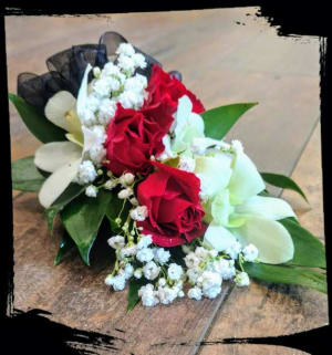 RED & WHITE WRISTLET, BLACK BOW Flower Bouquet