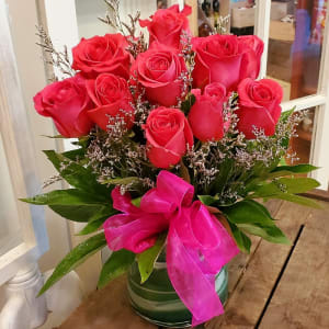 12 Hot Pink Roses Vased Flower Bouquet