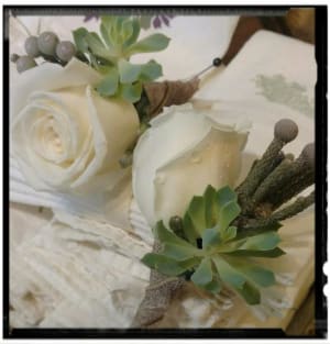 White Rose Boutonniere with Brunia & Succulent Flower Bouquet