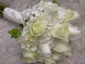 Bridal, white hydrangea and rose, tied Flower Bouquet