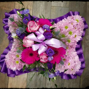 Purple Lisianthus, Gerbera, Rose Pillow Flower Bouquet