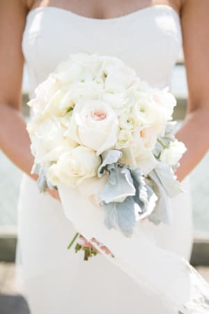 Ivory Rose Bouquet with Ranunculus and Dusty Miller Flower Bouquet