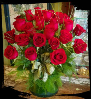 Two Dozen Red Roses, Vased and Dressed Flower Bouquet