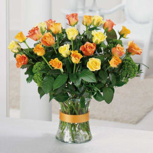 24 Yellow & Orange Roses Vased Flower Bouquet