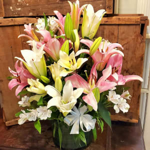 Large Pink & White Lily Vase Flower Bouquet