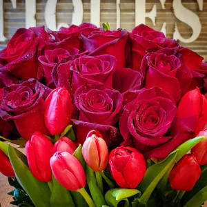 Dozen Red Roses & Dozen Red Tulips, Vased Flower Arrangement Dozen Red Roses & Dozen Red Tulips, Vased Flower Bouquet