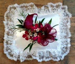 Satin Pillow, Burgundy Flower Bouquet