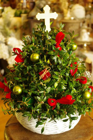 Seasons Greetings Boxwood Tree Flower Bouquet