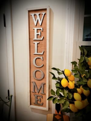 Welcome Sign, Metal Letters on Wood Flower Bouquet