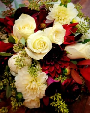 Burgundy Calla, Dahlia, Ranunculus & Leucadendron Bridal Flower Bouquet