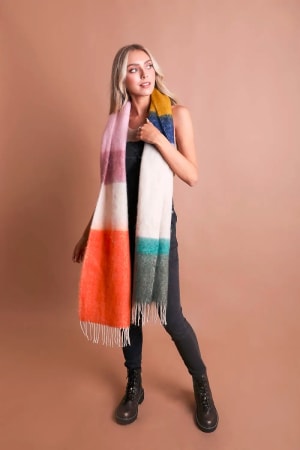 Color Block Soft Faux Mohair Scarf, Rose & Navy Flower Bouquet