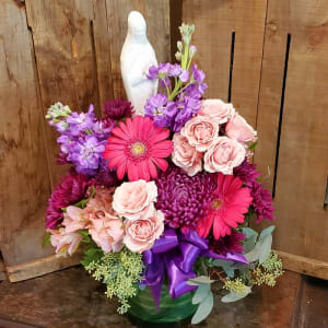 Madonna Spiritual Vase with Purple and Pink Tones Flower Bouquet