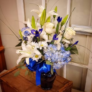 Blue & White Vase with Bear Grass Flower Bouquet