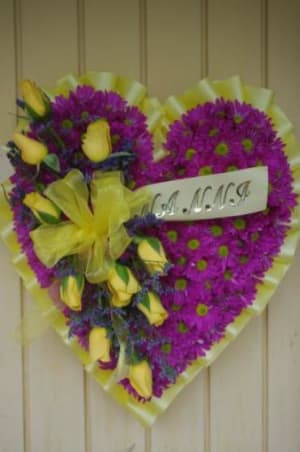 Loving Memories Heart, Purple with Yellow. Flower Bouquet