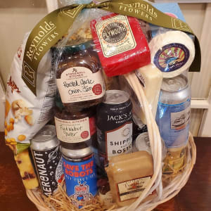 Craft Beer, Cheeses and Stonewall Kitchen Basket Flower Bouquet