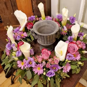 White Calla & Lavender Rose Urn Surround Flower Bouquet