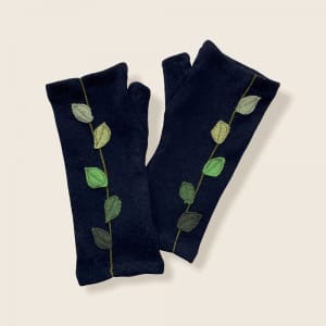 Fingerless Cashmere Gloves-Leaves Navy Flower Bouquet