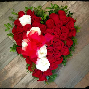 Solid Red Rose Heart with White Rose Swag Flower Bouquet