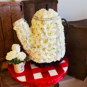 3D Coffee Pot on Cafe Table with Cup of Steam Roses Flower Bouquet