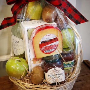 New England Christmas Basket with Wine Flower Bouquet