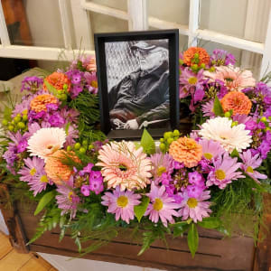 Garden Wreath Photo & Urn Surround, Pinks & Lavender Flower Bouquet