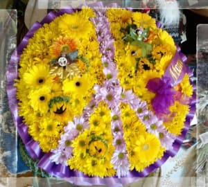 Peace Sign, Hippy Daisy, Sunflower & Fairies, Purple & Yellow Flower Bouquet