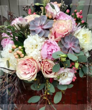 Bride's With Peony, Succulent, Pink Mondial, Hypericum, Euc Flower Bouquet